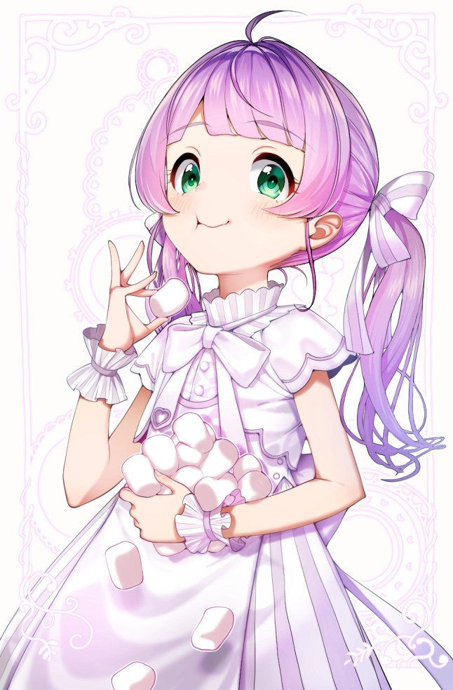 1girl, :t, ahoge, blush, bow, bpa_(artist), dress, eating, female_focus, food, green_eyes, hair_bow, hair_intakes, holding, holding_food, looking_at_viewer, marshmallow, mochi_hiyoko, mochipro, solo, tareme, twintails, virtual_youtuber, white_bow, white_dress
