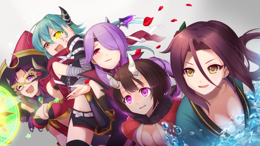 5girls, anna_(princess_connect!), breasts, demon_girl, demon_tail, eriko_(princess_connect!), highres, japanese_clothes