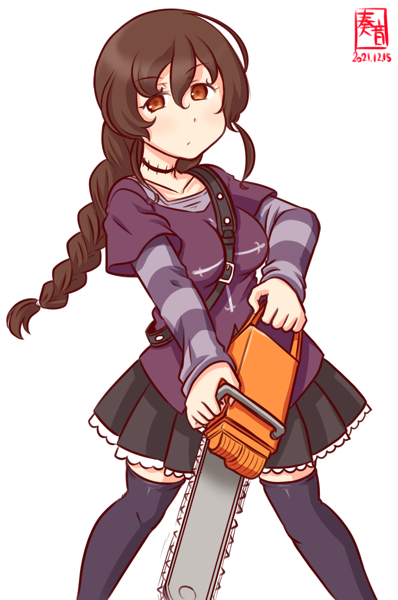 1girl, alternate_costume, artist_logo, black_skirt, black_thighhighs, brown_hair, chainsaw, collarbone