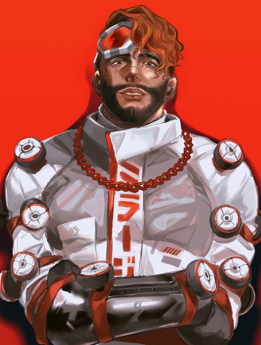 1boy, absurdres, apex_legends, bara, black_gloves, brown_eyes, center_stage_mirage, chain, crossed_arms, gloves, goggles, goggles_on_head, highres, himawari_kappa, jacket, male_focus, mirage_(apex_legends), muscular, muscular_male, official_alternate_costume, parted_lips, red_background, red_hair, smile, solo, upper_body, white_jacket