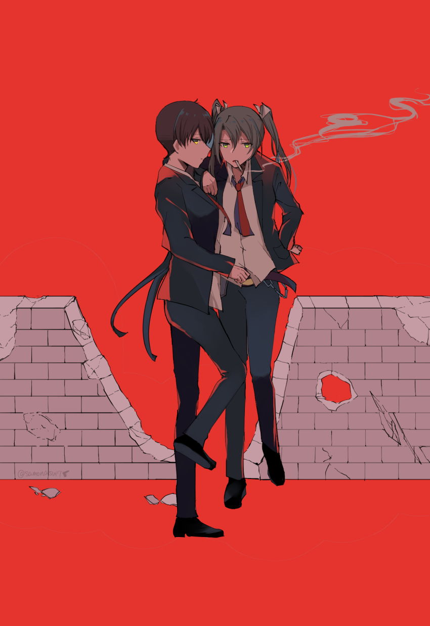 2girls, alternate_costume, brown_eyes, brown_hair, cigarette, collared_shirt, formal_clothes, green_eyes