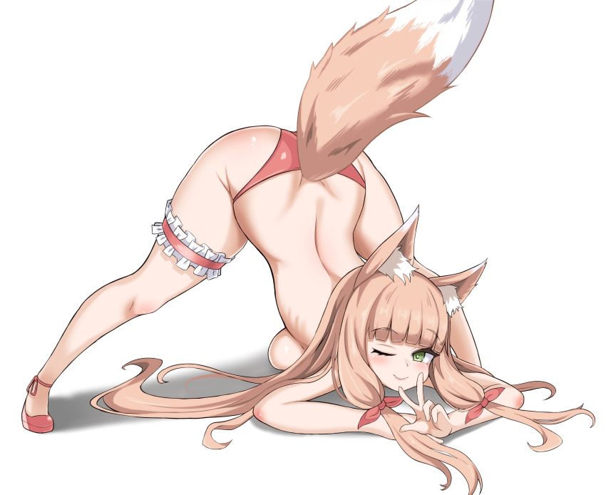 1girl, absurdres, animal_ear_fluff, animal_ears, asanagi_(style), ass, bikini, blunt_bangs, blush, commission, fox_ears, fox_girl, fox_tail, green_eyes, highres, jack-o'_challenge, kim_wang_jang, light_brown_hair, long_hair, maho_(princess_connect!), maho_(summer)_(princess_connect!), one_eye_closed, princess_connect!, sidelocks, simple_background, solo, swimsuit, tail, thighs, v, very_long_hair, white_background