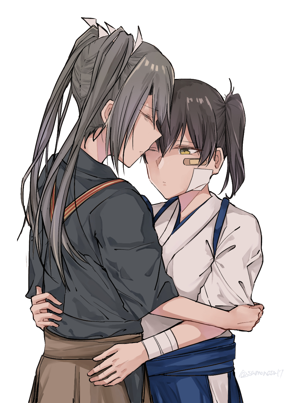 2girls, bandaged_wrist, bandages, bandaid, bandaid_on_face, blue_hakama, brown_hakama, closed_eyes, grey_hair, hair_ribbon, hakama, hakama_skirt, highres, hug, japanese_clothes, kaga_(kancolle), kantai_collection, long_hair, multiple_girls, one_eye_closed, ribbon, samonasu17, short_side_ponytail, side_ponytail, skirt, tasuki, twintails, white_ribbon, yuri, zuikaku_(kancolle), zuikaku_kai_ni_(kancolle)