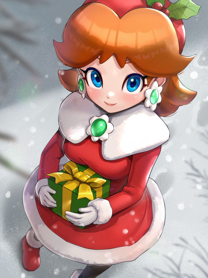 1girl, black_legwear, blue_eyes, boots, breasts, brooch, brown_hair, dress, earrings, from_above, fur-trimmed_footwear, fur_trim, gift, gloves, gonzarez, hat, highres, holding, holding_gift, jewelry, looking_at_viewer, mario_(series), mario_kart, mario_kart_tour, medium_breasts, nintendo, outdoors, princess_daisy, princess_daisy_(holiday_cheer), red_boots, red_hat, santa_costume, santa_dress, smile, snow, solo, white_gloves