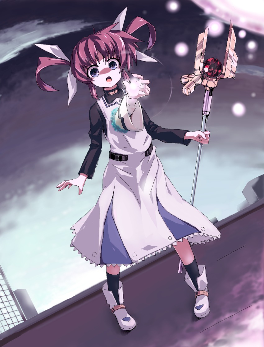 00s, blue_eyes, boots, brown_hair, dress, grune, hair_ribbon, highres, lyrical_nanoha, mahou_shoujo_lyrical_nanoha, mahou_shoujo_lyrical_nanoha_a's, oekaki, raising_heart, raising_heart_(shooting_mode), ribbon, shamal, short_twintails, socks, staff, takamachi_nanoha, takamachi_nanoha_(original_mode), twintails