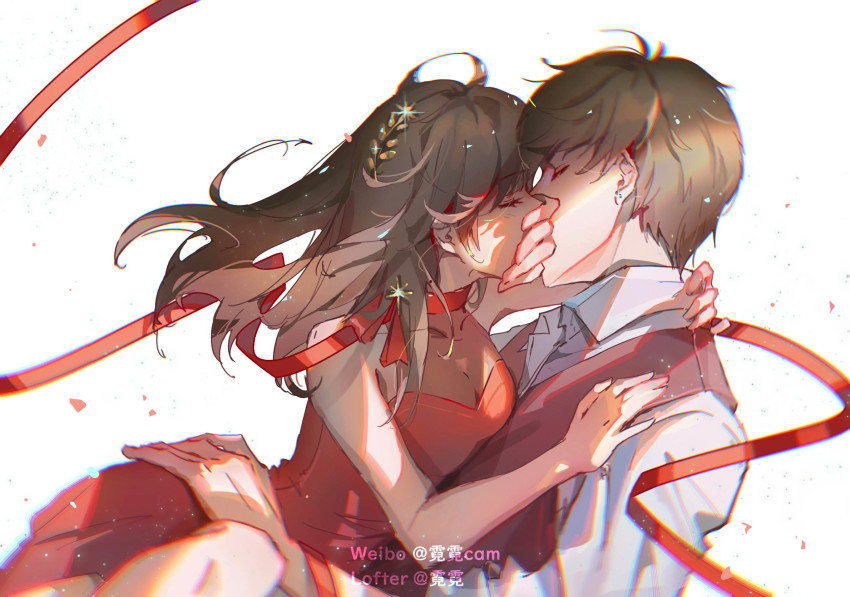 1boy, 1girl, bai_qi_(love_and_producer), breasts, brown_hair, cleavage, closed_eyes, covering_own_mouth