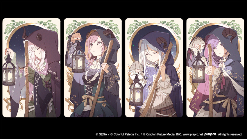 4girls, akiyama_mizuki, asahina_mafuyu, black_background, black_cape, black_shirt, boku_no_ashiato_kimi_no_yukusaki_(project_sekai), braid