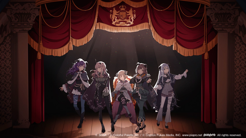 25-ji_meiko, 5girls, akiyama_mizuki, ankle_scrunchie, asahina_mafuyu, ascot, black_cape, black_footwear, black_legwear, black_ribbon, blue_eyes, blue_hair, boku_no_ashiato_kimi_no_yukusaki_(project_sekai), bow, bowtie, braid, brown_eyes, brown_hair, cape, center_frills, crossed_legs, curtains, frills, green_pants, green_shirt, green_skirt, grey_skirt, hand_on_own_chest, hechima_(issindotai), high_heels, high_ponytail, long_hair, looking_at_viewer, lower_(vocaloid), meiko_(vocaloid), multiple_girls, neck_ribbon, pants, pants_under_skirt, pantyhose, pink_hair, pleated_skirt, ponytail, project_sekai, ribbon, scrunchie, shinonome_ena, shirt, short_hair, sidelocks, sitting, skirt, spotlight, stage, throne, very_long_hair, vocaloid, white_ascot, white_bow, white_bowtie, white_hair, white_pants, yoisaki_kanade