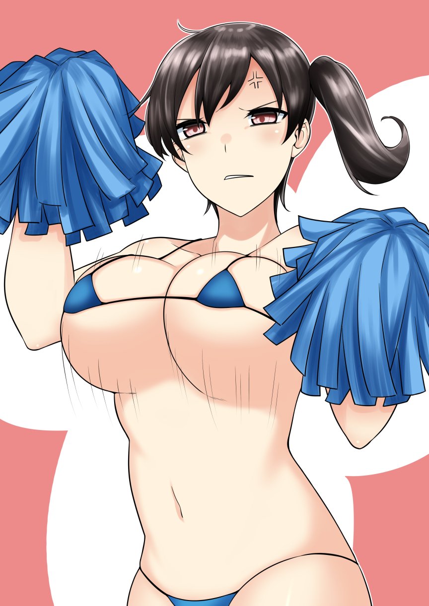 1girl, anger_vein, bikini, black_hair, blue_bikini, bouncing_breasts, breasts, brown_eyes