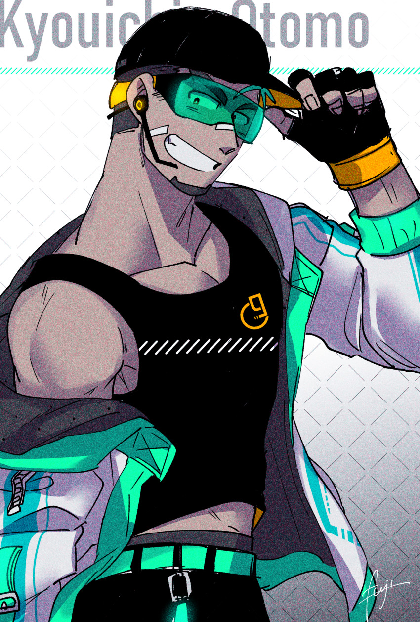 1boy, :d, alternate_costume, bandaid, bandaid_on_face, bandaid_on_nose, bara, baseball_cap