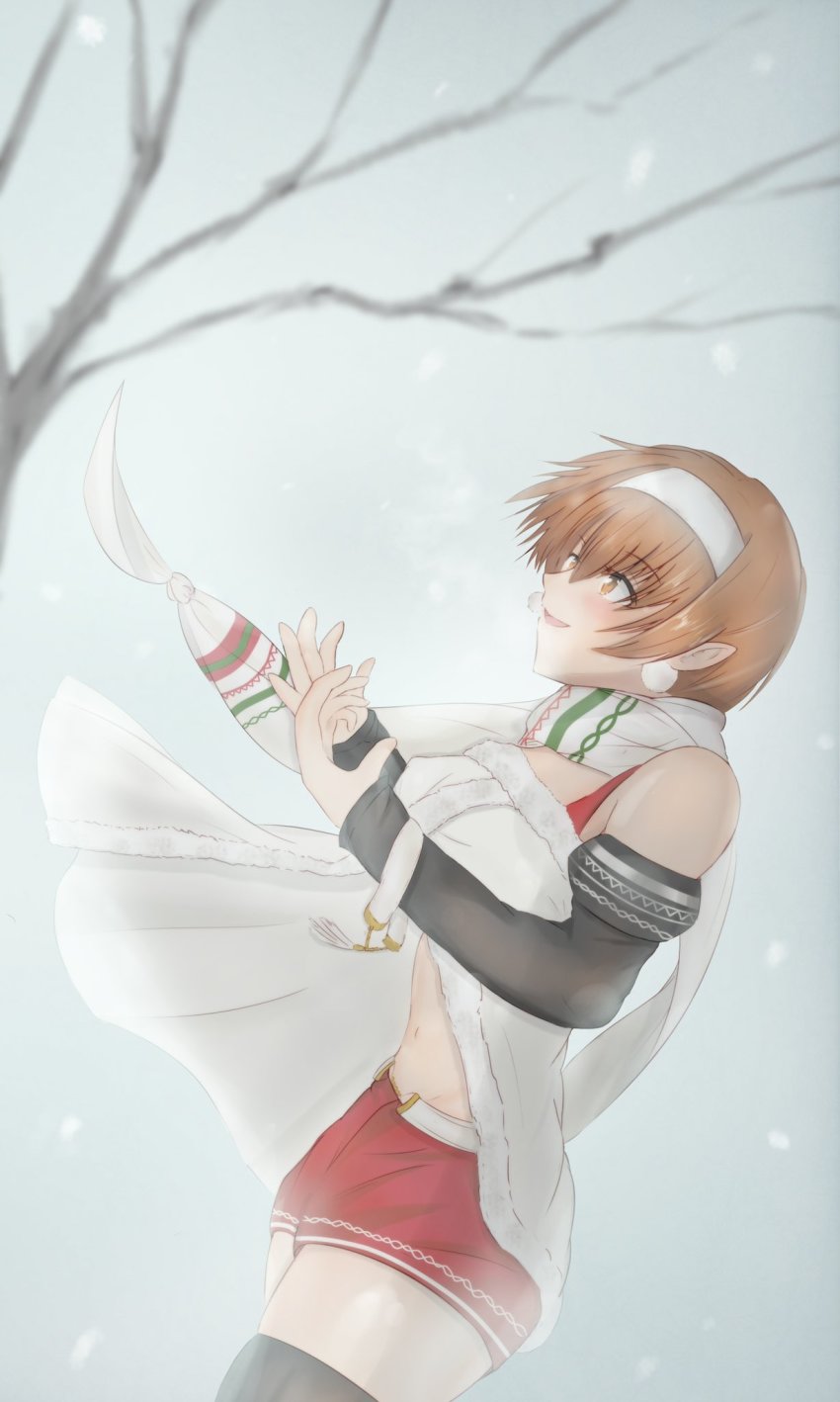 1girl, ainu_clothes, aquaplus, belt, bracelet, branch, breasts, brown_eyes