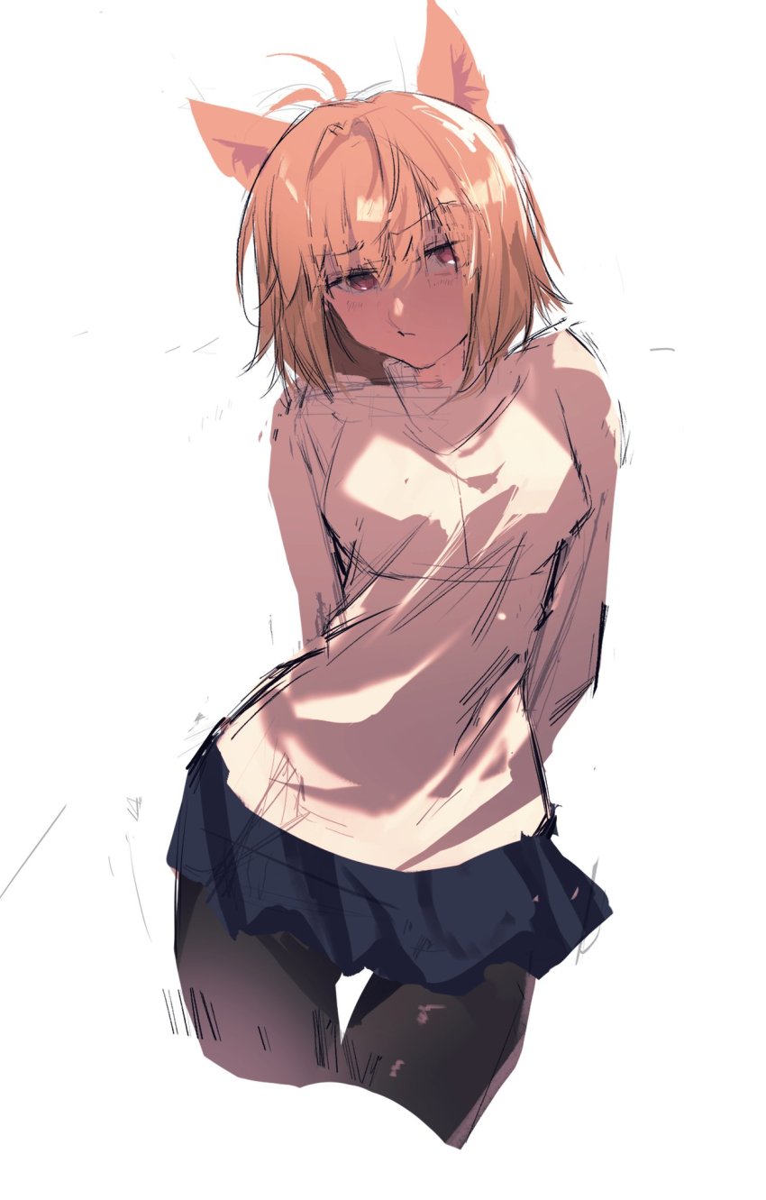 1girl, ahoge, animal_ears, arcueid_brunestud, arms_behind_back, bcm, blonde_hair, breasts, cat_ears, closed_mouth, cowboy_shot, hair_between_eyes, highres, long_sleeves, looking_to_the_side, medium_breasts, medium_hair, nose, pantyhose, red_eyes, sketch, skirt, solo, sweater, tsukihime, tsukihime_(remake), turtleneck, turtleneck_sweater, type-moon, white_background