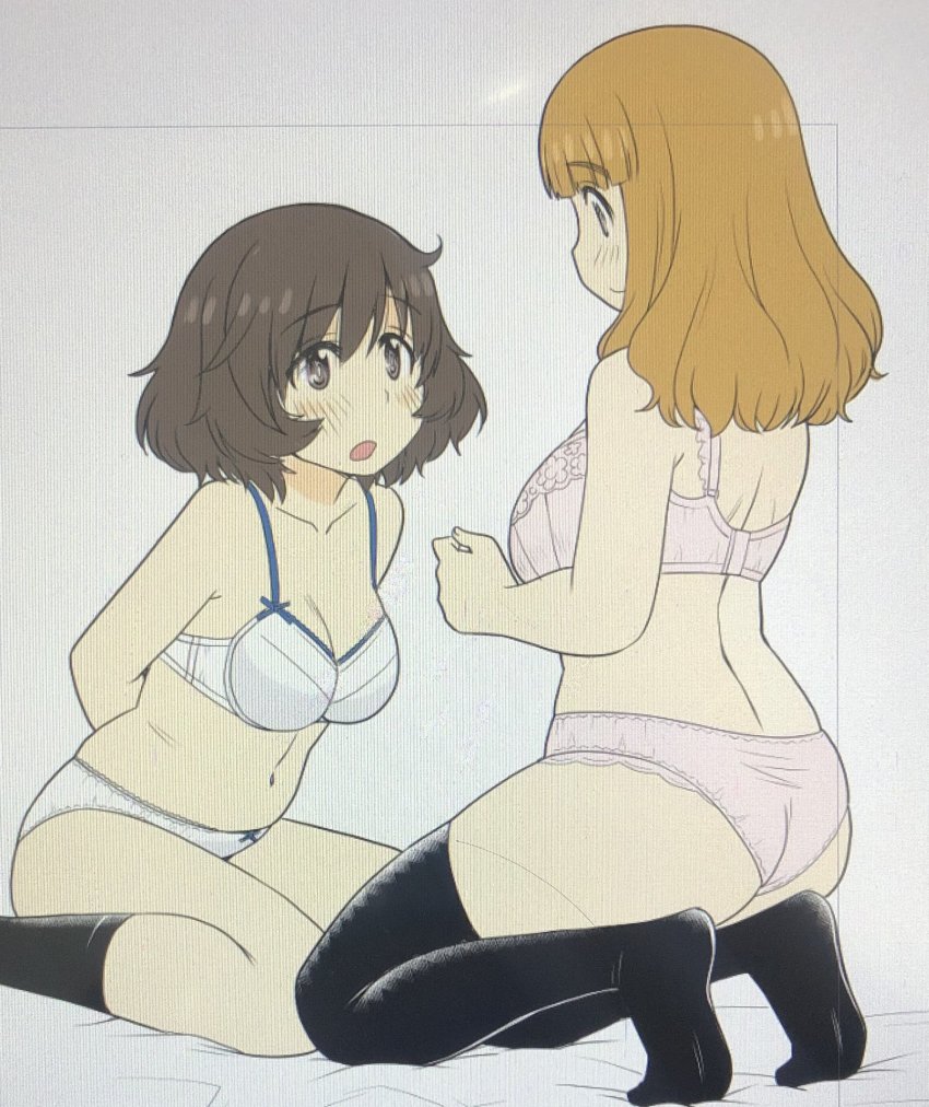 2girls, akiyama_yukari, arms_behind_back, ass, bra, breasts, brown_hair, girls_und_panzer