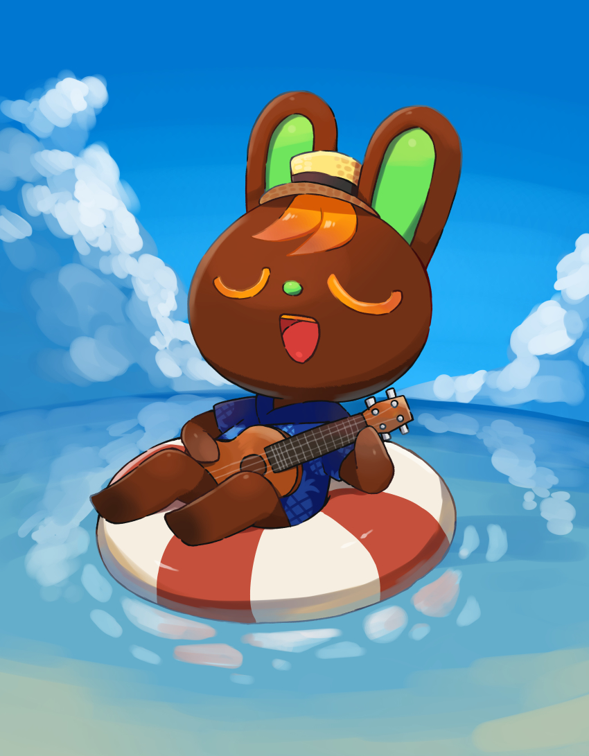 1boy, absurdres, acoustic_guitar, afloat, animal_crossing, animal_nose, barefoot, blue_shirt