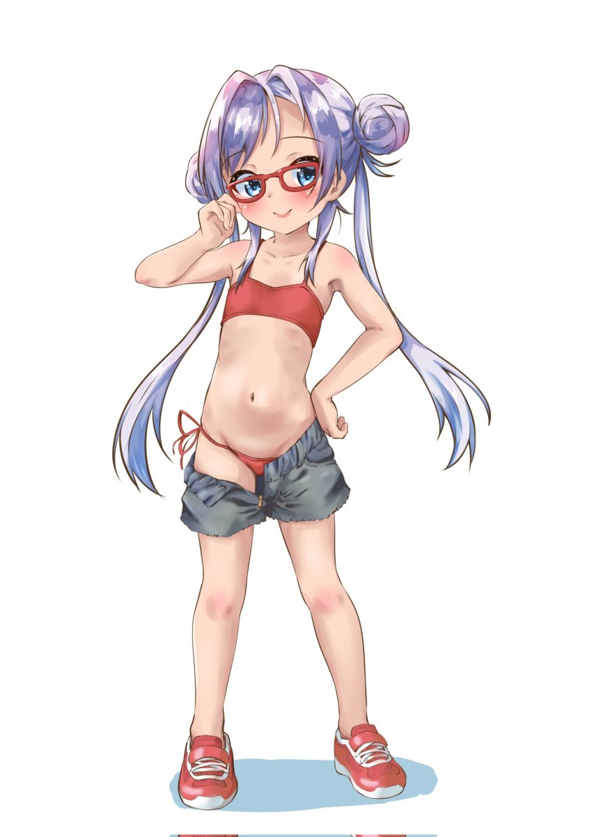 1girl, adjusting_eyewear, arm_up, bikini, bikini_under_clothes, blue_eyes, clothes_pull, denim, denim_shorts, double_bun, female_focus, full_body, glasses, groin, hair_bun, hair_intakes, hand_on_eyewear, hand_on_own_hip, highres, legs, loli, long_hair, looking_at_viewer, lowleg, lowleg_bikini, magia_record:_mahou_shoujo_madoka_magica_gaiden, mahou_shoujo_madoka_magica, navel, open_clothes, open_fly, open_shorts, purple_hair, red_bikini, red_shoes, shoes, short_shorts, shorts, shorts_pull, side-tie_bikini_bottom, simple_background, smile, solo, swimsuit, thighs, twintails, unbuttoned, unzipped, white_background, yakumo_mikage, yappariga, zipper