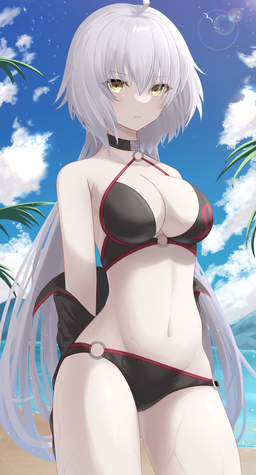 1girl, absurdres, ahoge, anima_miko, bare_shoulders, beach, bikini, black_bikini