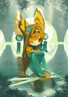 blue_eyes, bug, butterfly, chinese_clothes, flower, forest, furry, insect, kneeling, looking_at_viewer, lowres, nature, ocelot_ears, orange_hair, smile, sword, tyson_tan, weapon