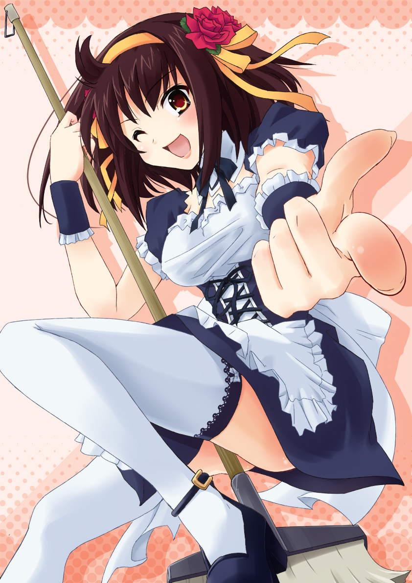 00s, 1girl, apron, bad_id, bad_pixiv_id, bow, broom, brown_hair, dress, female_focus, flower, hair_bow, hair_ornament, hair_ribbon, maid, maid_apron, mop, one_eye_closed, open_mouth, ribbon, smile, solo, sumire_(artist), suzumiya_haruhi, suzumiya_haruhi_no_yuuutsu, thighhighs, urabi_(tomatohouse), wink, wrist_cuffs, zettai_ryouiki