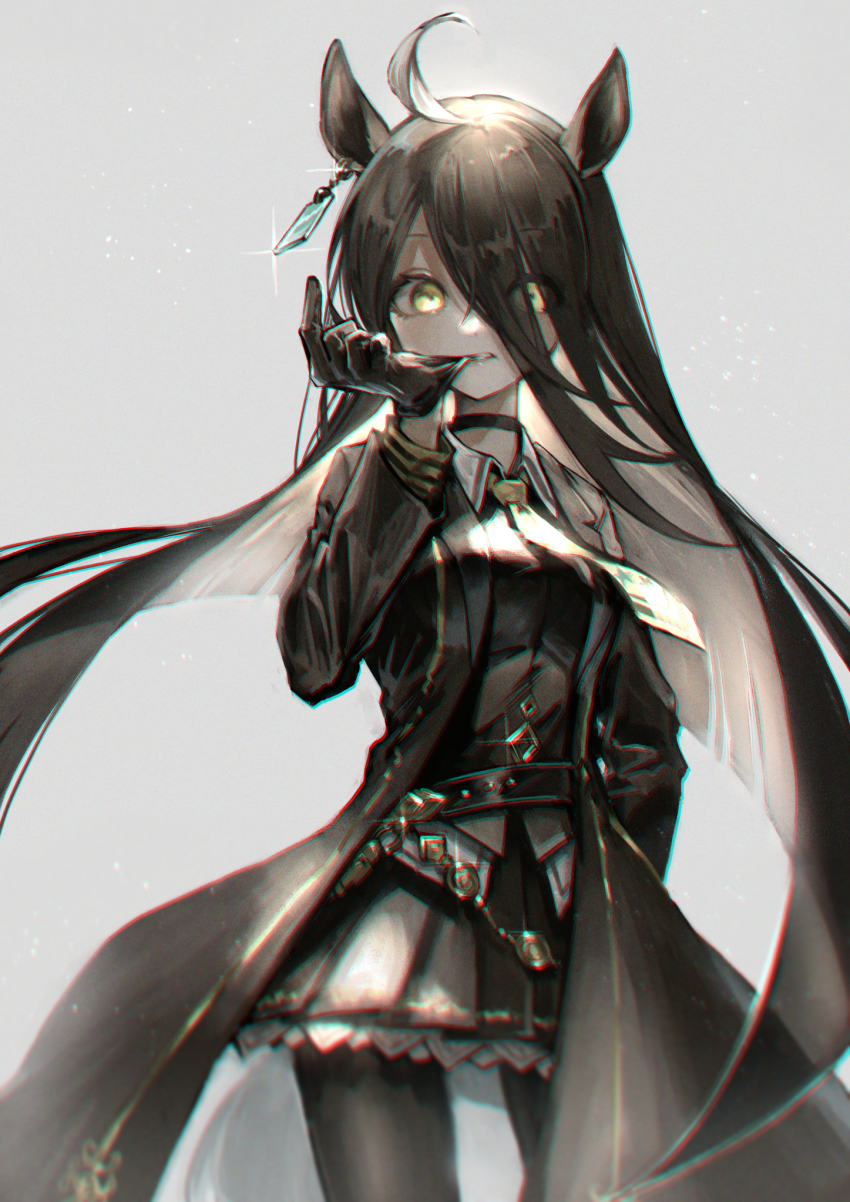 1girl, adjusting_clothes, adjusting_gloves, ahoge, animal_ears, belt, biting, biting_clothes