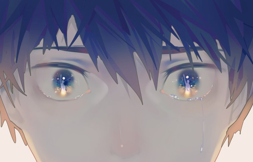 1boy, blue_eyes, blue_hair, close-up, cmpovar, commentary, crying, english_commentary
