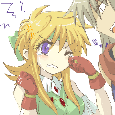 1boy, 1girl, :d, anger_vein, angry, bare_shoulders, blonde_hair, blush