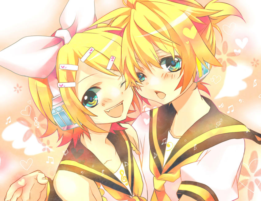 1boy, 1girl, aqua_eyes, bad_id, bad_pixiv_id, blonde_hair, brother_and_sister, hair_ornament