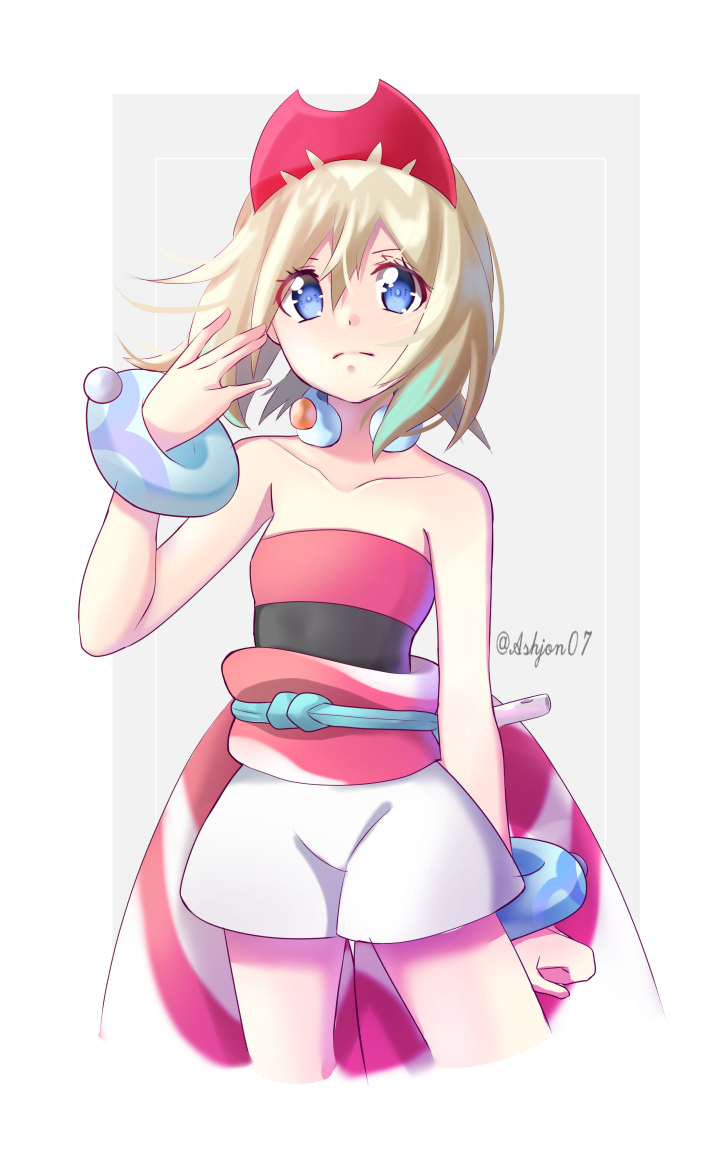 1girl, ashujou, blonde_hair, blue_eyes, border, bracelet, closed_mouth, collarbone