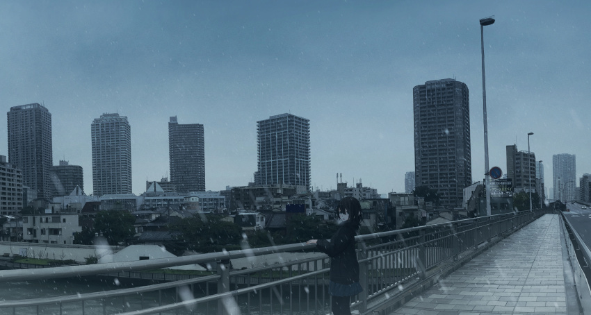 1girl, black_hair, black_pantyhose, breath, bridge, building, city, cityscape
