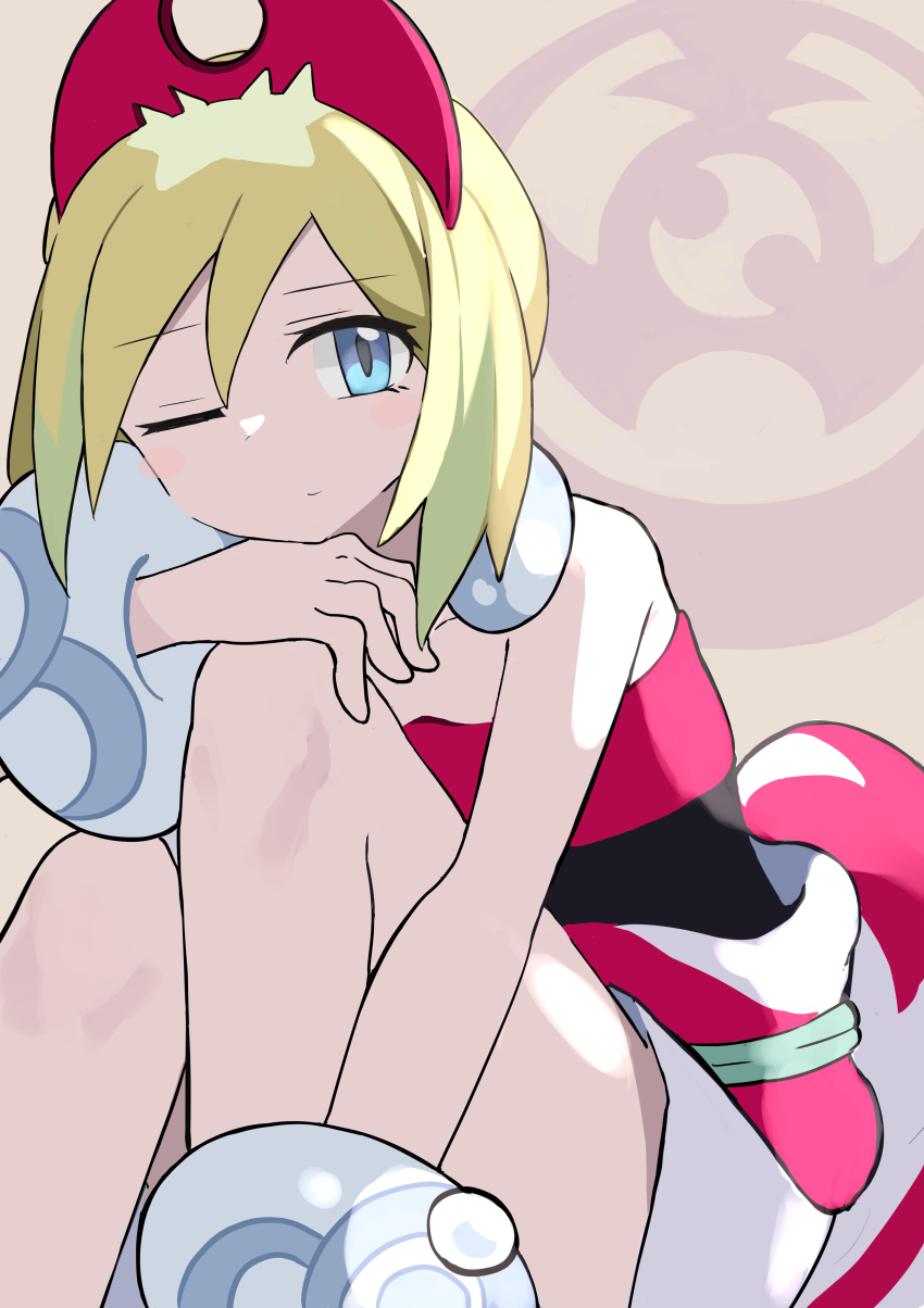 1girl, absurdres, blonde_hair, blue_eyes, blush_stickers, bracelet, collarbone, commentary, eyelashes, hand_up, hat, highres, irida_(pokemon), jewelry, knees, medium_hair, neck_ring, nintendo, one_eye_closed, pokemon, pokemon_legends:_arceus, putchi_(kinokonokami), red_hat, shorts, solo, white_shorts