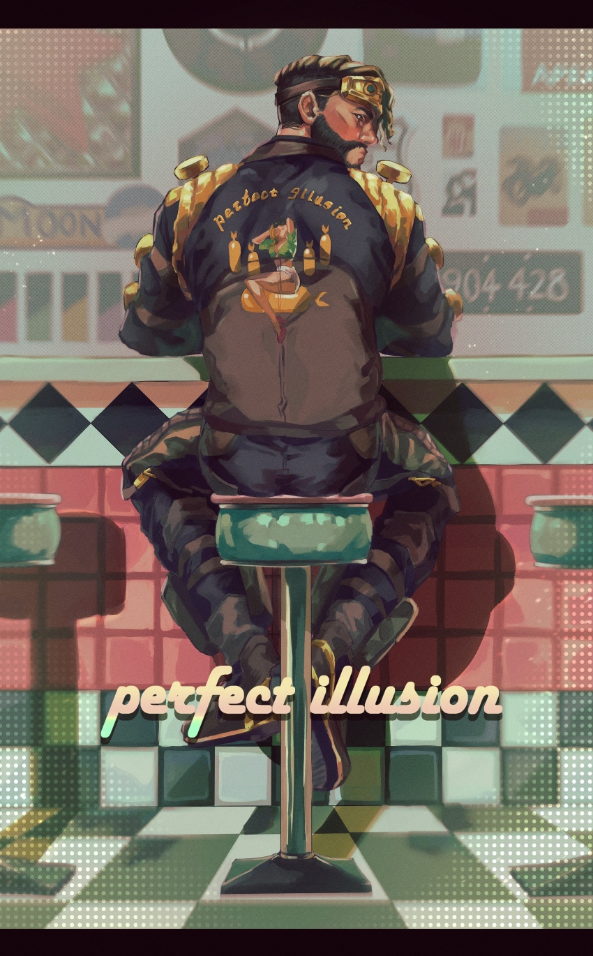1boy, absurdres, apex_legends, beard, black_pants, blush, brown_hair, brown_jacket, diner, facial_hair, from_behind, goatee, goggles, goggles_on_head, hair_behind_ear, highres, himawari_kappa, jacket, looking_at_viewer, looking_back, male_focus, mirage_(apex_legends), official_alternate_costume, pants, perfect_illusion_mirage, sitting, solo
