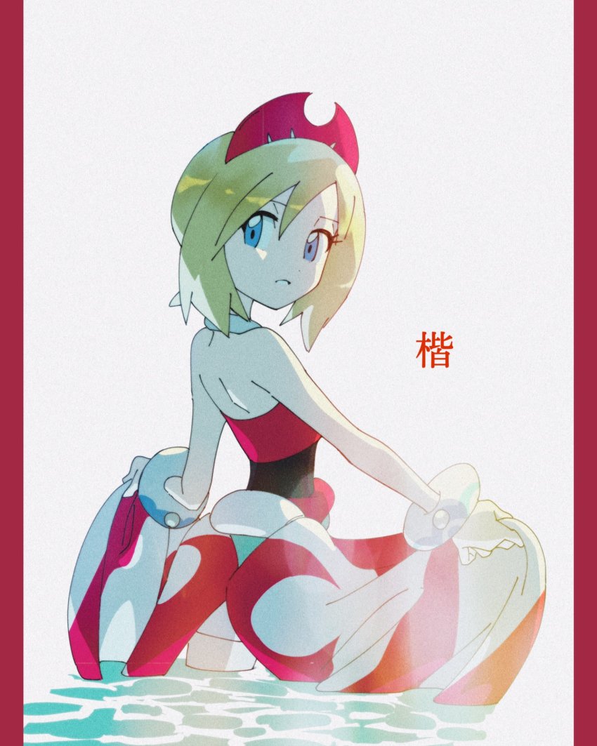 1girl, blonde_hair, blue_eyes, bracelet, clothes_lift, collar, commentary, eyelashes