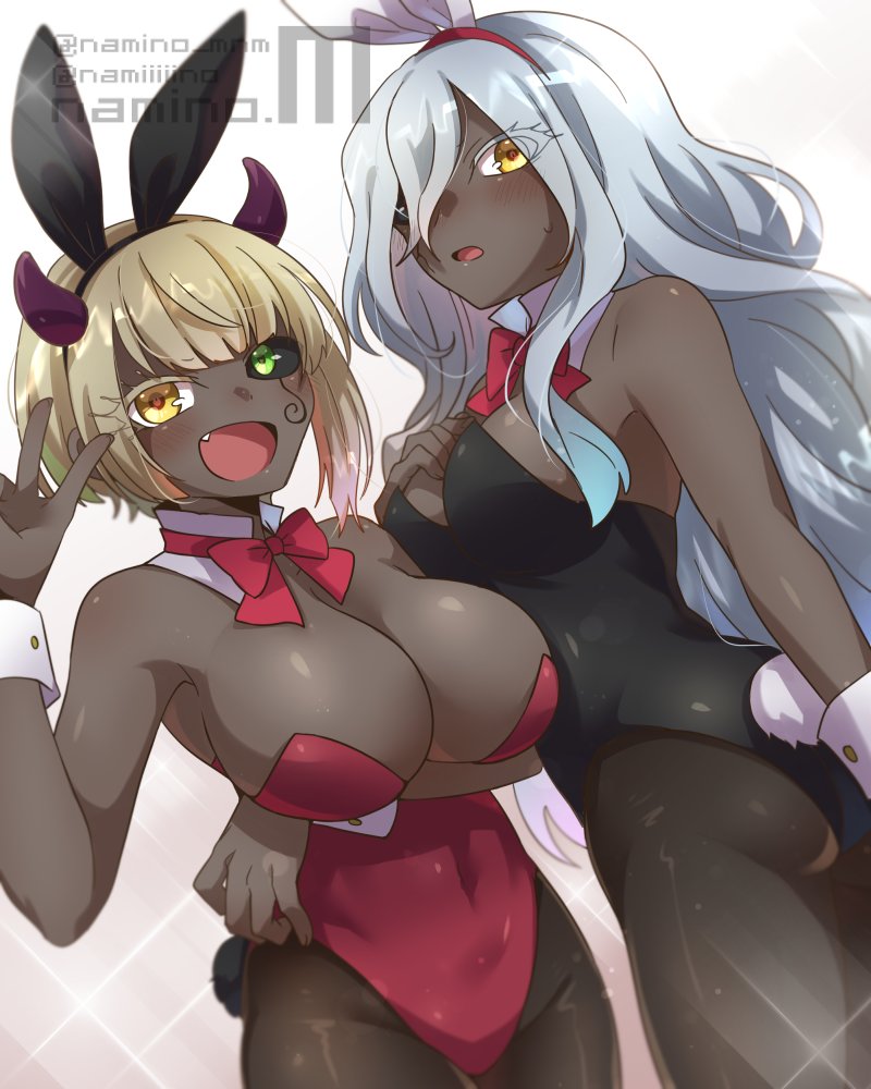 2girls, atago_(sousei_no_onmyouji), bare_shoulders, black_sclera, black_skin, blonde_hair, blush, bow, bowtie, breast_suppress, breasts, cleavage, colored_sclera, colored_skin, dark-skinned_female, dark_skin, fang, green_eyes, heterochromia, highleg, highleg_leotard, horns, large_breasts, leotard, long_hair, looking_at_viewer, minaminami_namino, mismatched_sclera, moro_(sousei_no_onmyouji), multiple_girls, open_mouth, pantyhose, rabbit_ears, rabbit_tail, short_hair, silver_hair, smile, sousei_no_onmyouji, strapless, strapless_leotard, tongue, victory_pose, yellow_eyes