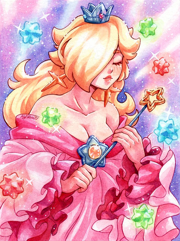 1girl, alternate_color, bare_shoulders, blonde_hair, breasts, brooch, cleavage, crown