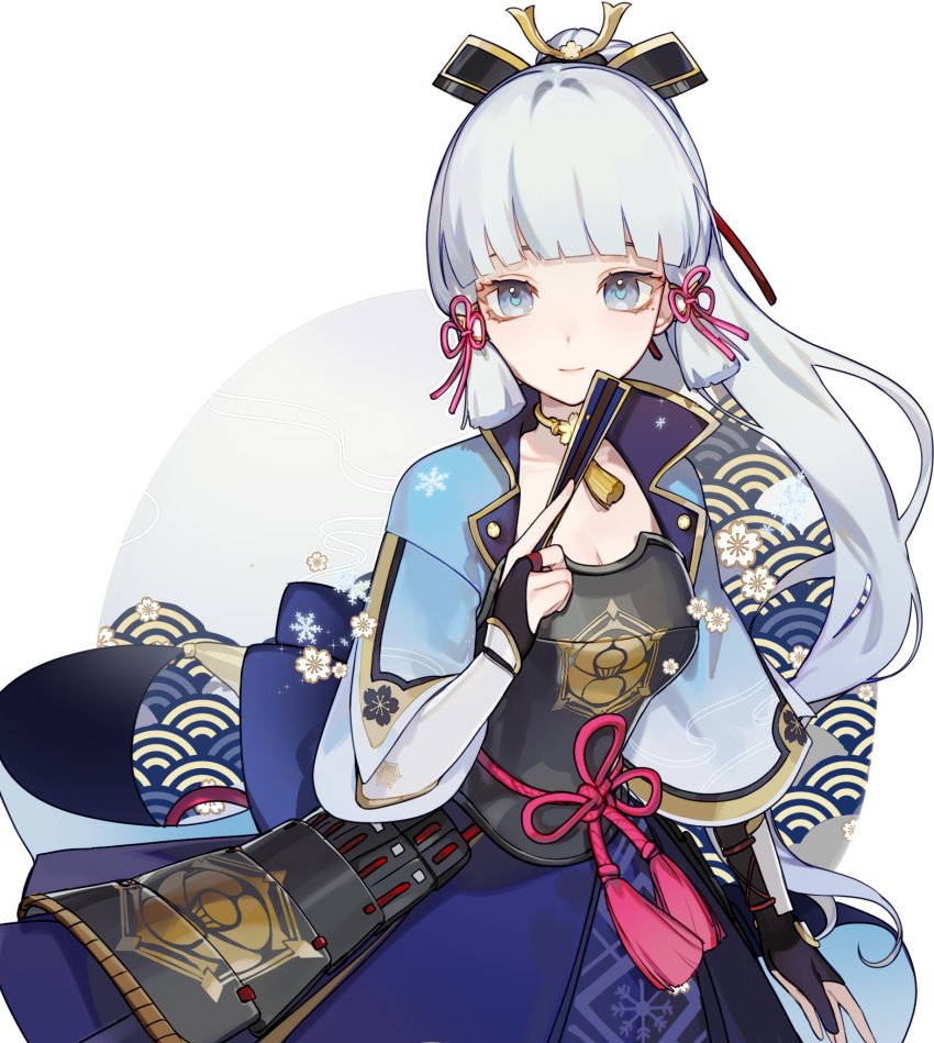 1girl, armor, ayaka_(genshin_impact), black_gloves, blue_eyes, blue_hair, blue_skirt, breasts, choker, cleavage, collarbone, eyebrows_hidden_by_hair, folding_fan, genshin_impact, gloves, hair_ribbon, hand_fan, highres, holding, holding_fan, lilianei, looking_at_viewer, medium_breasts, partially_fingerless_gloves, pink_ribbon, ponytail, ribbon, skirt, smile, solo, white_background