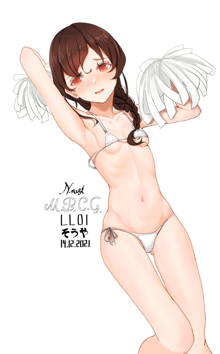 1girl, absurdres, armpits, bare_arms, bare_legs, bare_shoulders, bikini, blush, braid, braided_ponytail, breasts, brown_hair, character_name, dated, gluteal_fold, highres, holding, holding_pom_poms, kantai_collection, long_hair, nagisa_nagi, navel, open_mouth, orange_eyes, pom_pom_(cheerleading), pom_poms, side-tie_bikini_bottom, simple_background, single_braid, small_breasts, solo, souya_(kancolle), swimsuit, thigh_gap, twitter_username, white_background, white_bikini