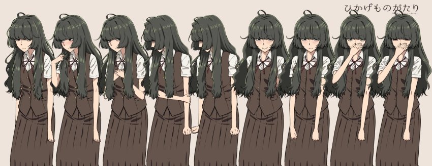 1girl, :>, beige_background, black_eyes, blush, brown_hair, brown_vest, covered_eyes