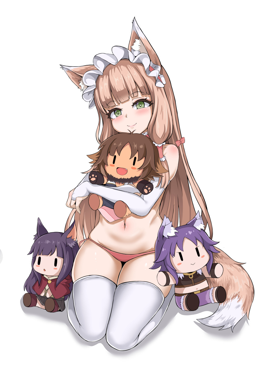 1girl, absurdres, animal_ear_fluff, animal_ears, asanagi_(style), bikini, blunt_bangs, blush, bridal_gauntlets, character_doll, commission, doll, elbow_gloves, fox_ears, fox_girl, fox_tail, frilled_hairband, frills, gloves, green_eyes, hairband, highres, kaori_(princess_connect!), kasumi_(princess_connect!), kim_wang_jang, kneeling, light_brown_hair, long_hair, maho_(princess_connect!), maho_(summer)_(princess_connect!), makoto_(princess_connect!), navel, princess_connect!, sidelocks, simple_background, skindentation, smile, solo, swimsuit, tail, thighhighs, thighs, very_long_hair, white_background