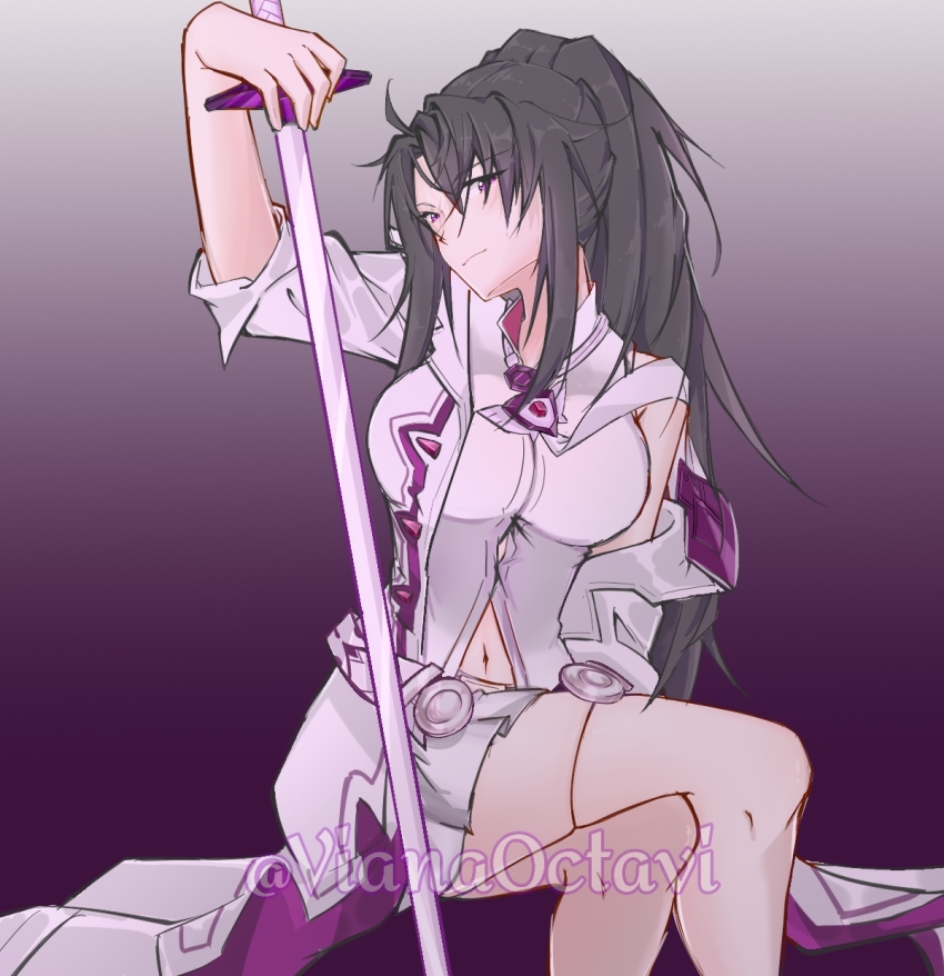 1girl, black_hair, breasts, closed_mouth, commentary, commentary_typo, crossed_legs, english_commentary, epic_seven, feet_out_of_frame, genderswap, genderswap_(mtf), gradient_background, highres, navel, ponytail, purple_background, purple_eyes, sitting, solo, sword, viana_okta, vildred_(epic_seven), watermark, weapon