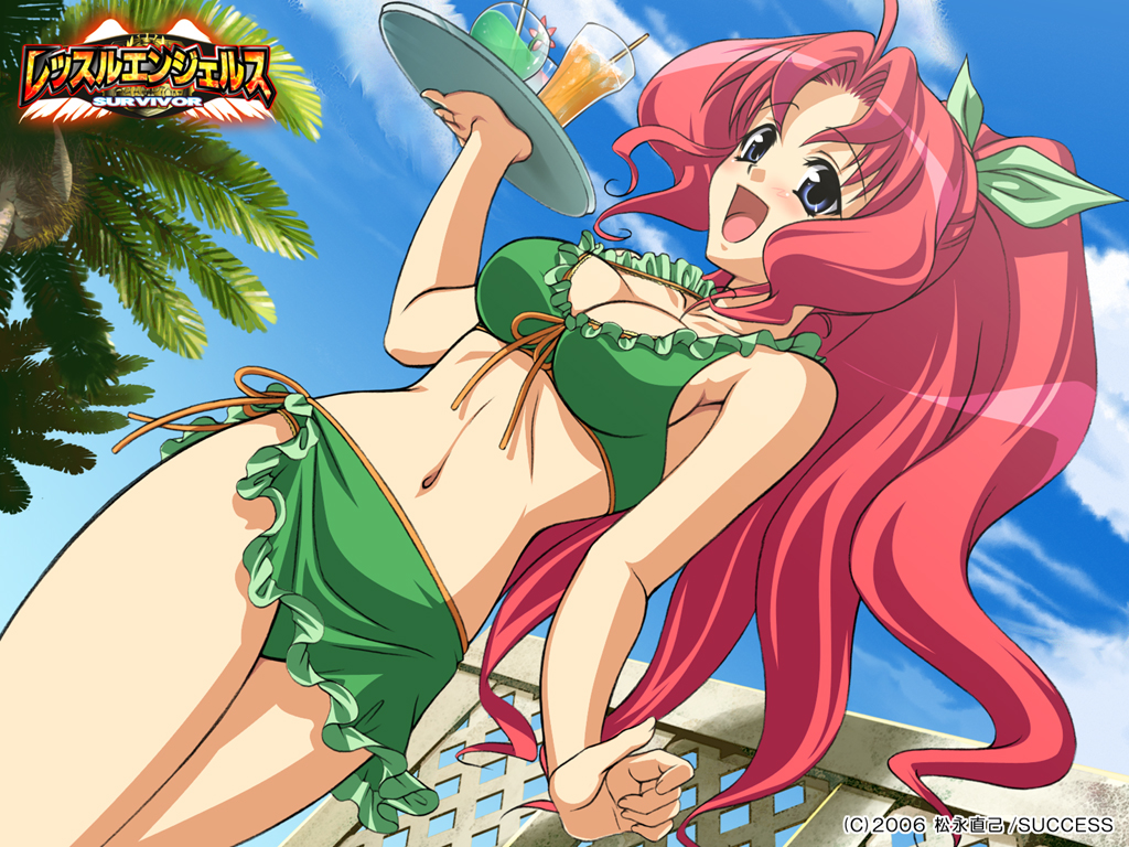 1girl, bikini, blue_eyes, blush, breasts, cleavage, drink, female_focus, frilled_bikini, frills, green_bikini, green_ribbon, hair_ribbon, kojima_satomi, large_breasts, long_hair, nature, outdoors, ponytail, red_hair, ribbon, side-tie_bikini_bottom, sky, solo, swimsuit, tray, wrestle_angels, wrestle_angels_survivor