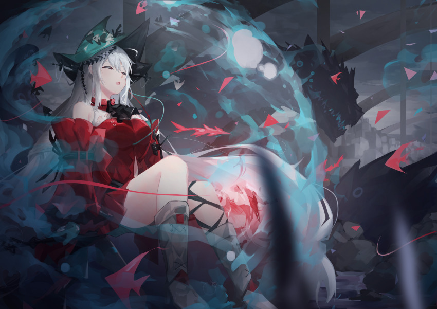 1girl, absurdres, aqua_gloves, arknights, ascot, bare_shoulders, black_ascot, boots