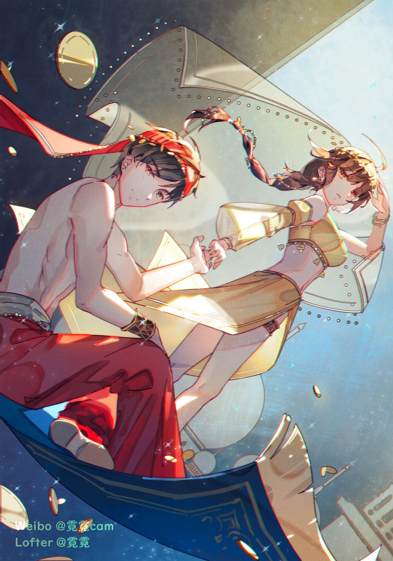 1boy, 1girl, arabian_clothes, bai_qi_(love_and_producer), braid, braided_ponytail, closed_mouth, coin