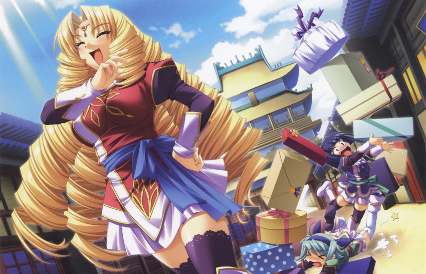 >_<, 00s, 3girls, absurdres, ahoge, aqua_hair, black_thighhighs, blonde_hair