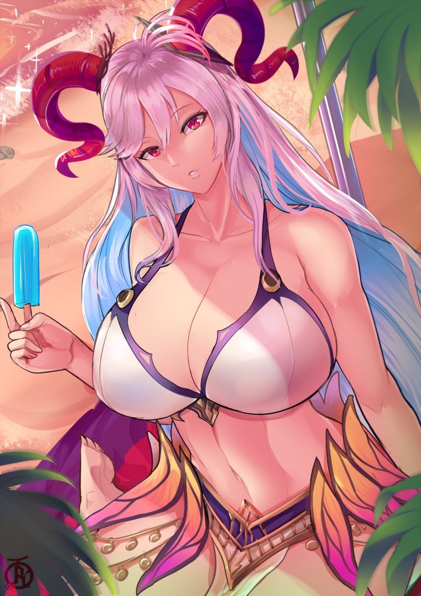 1girl, anklet, armlet, bare_legs, barefoot, beach, bikini, blue_hair, breasts, cleavage, collarbone, curled_horns, feet, female_focus, fingernails, fire_emblem, fire_emblem_heroes, flower, food, freyja_(fire_emblem), freyja_(summer)_(fire_emblem), goat_horns, gradient_hair, grey_hair, hair_between_eyes, hair_flower, hair_ornament, highres, holding, holding_food, horns, ice_cream, jewelry, large_breasts, long_hair, looking_at_viewer, midriff, multicolored_hair, navel, nintendo, official_alternate_costume, outdoors, parted_lips, pelvic_curtain, popsicle, red_eyes, red_horns, revolverwing, sand, sidelocks, sitting, soles, solo, swimsuit, teeth, thighs, toes, two-tone_hair, under_umbrella, very_long_hair, water, white_bikini, white_flower