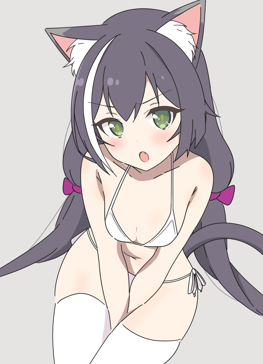 1girl, animal_ears, black_hair, blush, breasts, cat_ears, cat_girl, cat_tail, green_eyes, highres, karyl_(princess_connect!), kuroha_uma, long_hair, medium_breasts, princess_connect!, tail, underwear, white_legwear
