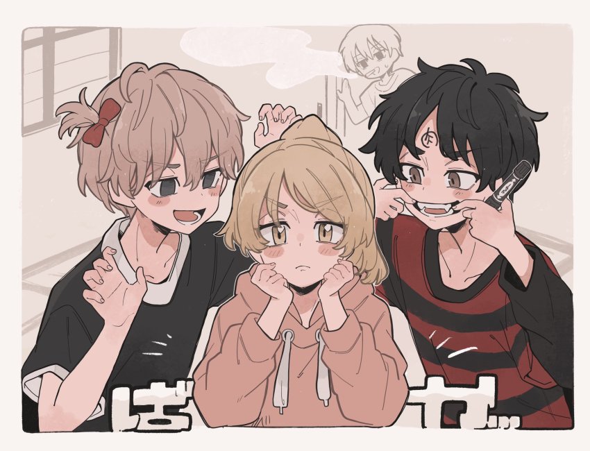 1girl, 3boys, :d, aged_down, baji_keisuke, black_hair, black_shirt, blonde_hair, border, brown_hoodie, cigarette, empty_eyes, frown, hair_between_eyes, hands_up, highres, holding, holding_pen, hood, hood_down, hoodie, long_sleeves, looking_at_another, multiple_boys, open_hands, open_mouth, pen, ponytail, red_shirt, sadaharu010, sano_emma, sano_manjirou, sano_shinichirou, shirt, short_hair, short_sleeves, smile, smoking, striped_clothes, striped_shirt, teeth, tokyo_revengers, white_border
