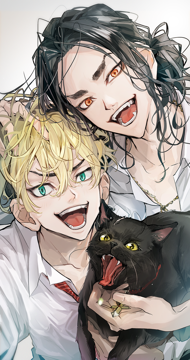 2boys, :d, animal, baji_keisuke, black_cat, black_hair, blonde_hair, cat