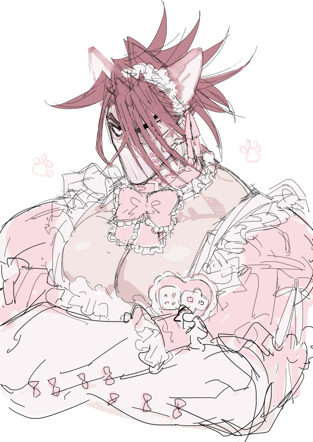 1boy, alternate_costume, animal_ears, cat_ears, cropped_torso, crossdressing, crossdressing_(mtf), crossed_arms, fate/grand_order, fate_(series), frown, hair_over_one_eye, kemonomimi_mode, large_pectorals, male_focus, mask, mouth_mask, muscular, muscular_male, pectoral_cleavage, pectoral_lift, pectorals, rono_z, sketch, solo, spiked_hair, tanaka_shinbei_(fate)