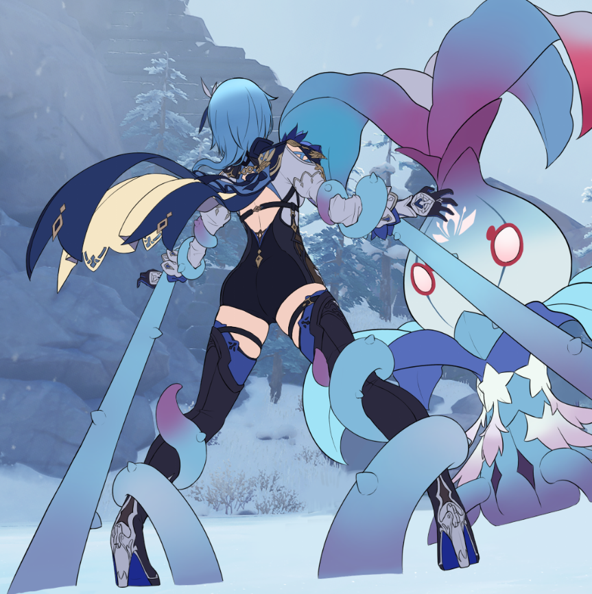 1girl, ass, backless_leotard, blue_hair, eula_(genshin_impact), genshin_impact, gloves, leotard