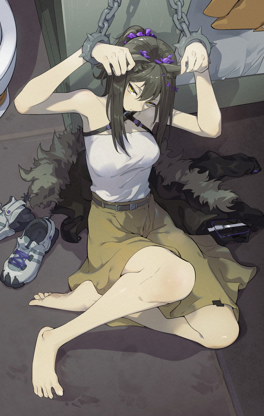 1girl, absurdres, animal_ears, arknights, armpits, bare_shoulders, barefoot, bear_ears, belt, breasts, cuffs, female_focus, fur_trim, hair_ornament, handcuffs, hao_guangze_yu, highres, jacket, unworn_jacket, looking_at_viewer, official_alternate_costume, ponytail, robin_(arknights), robin_(gift_of_wild)_(arknights), shoes, unworn_shoes, sitting, skirt, sleeveless, solo, yellow_eyes