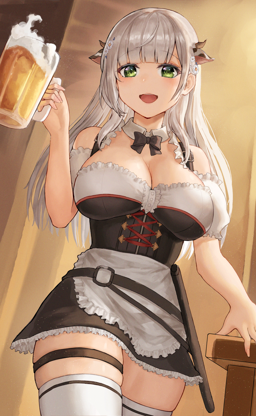 1girl, :d, absurdres, alcohol, beer, blunt_bangs, breasts, frilled_thigh_strap, cleavage, cup, detached_collar, green_eyes, highres, hololive, hoshibudou, large_breasts, looking_at_viewer, mug, open_mouth, shirogane_noel, shirogane_noel_(dirndl), smile, solo, thigh_strap, thighs, virtual_youtuber